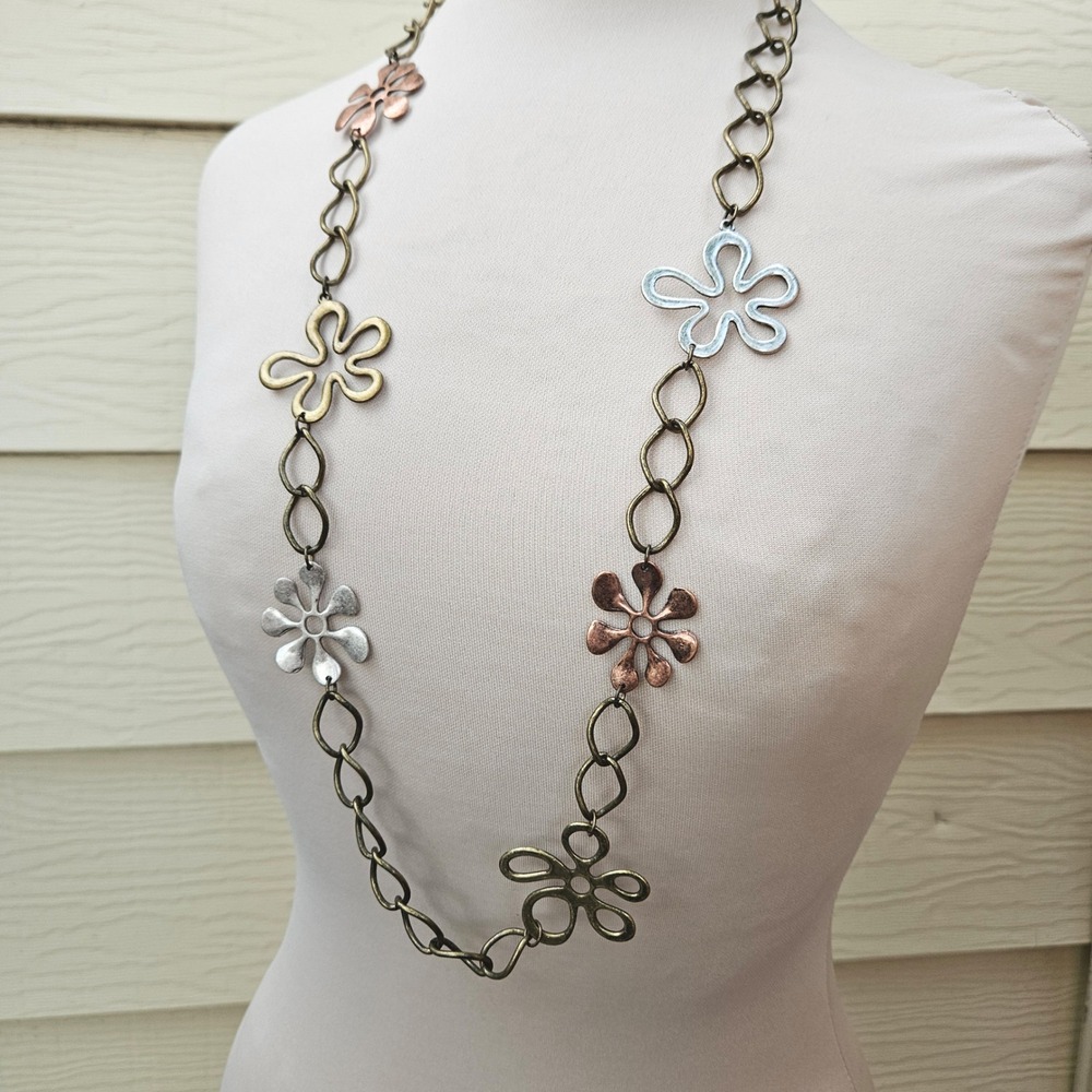 Mixed Metal Multi Tone Floral Long Link Chain Necklace Boho Flower Charm